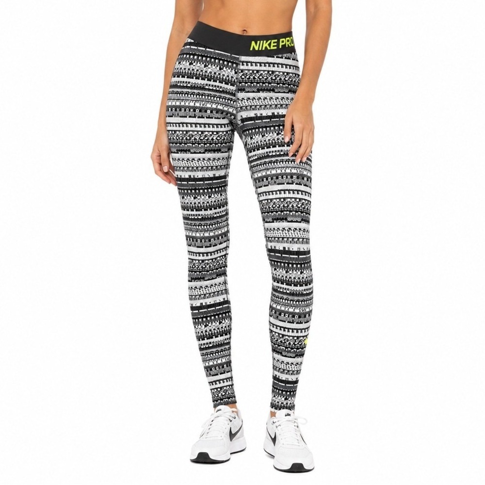 Nike Pro Dri-FIT Leggings Womens Small Black White Geometric Compression Tights